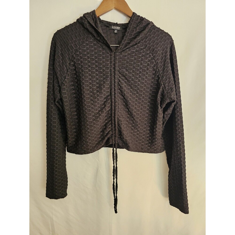 Love Star Women’s Plus 2X Black Textured Drawstring Hem Hoodie Long Sleeve Top